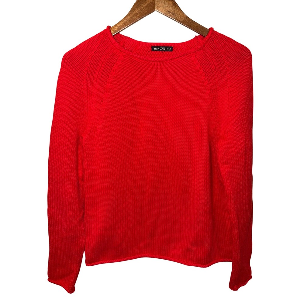 JCrew Mercantile Shaker Stitch Sweater Womens Medium Red 100% Cotton Roll Hem